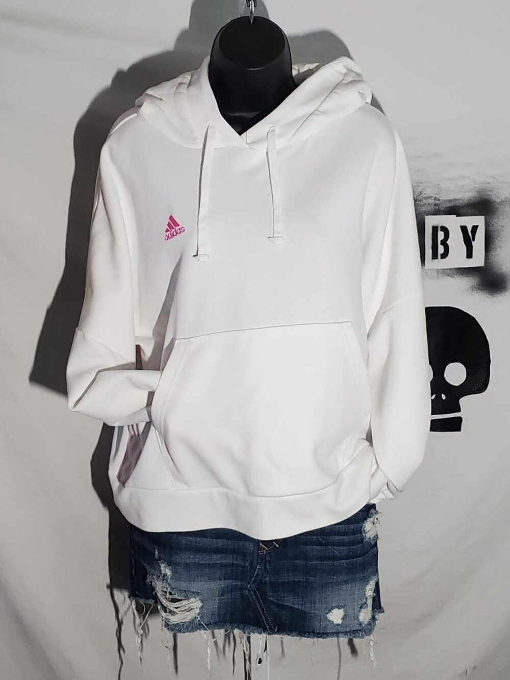 Adidas White Oversized Sweatshirt with Quilted Hood Sz M women's